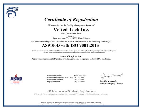 NSF AS9100D/ISO9001 certificate